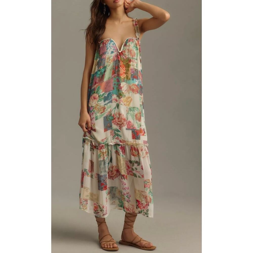 Anthropologie Dress Chiffon Shift Midi Patchwork Print Rose Boho NWT size S